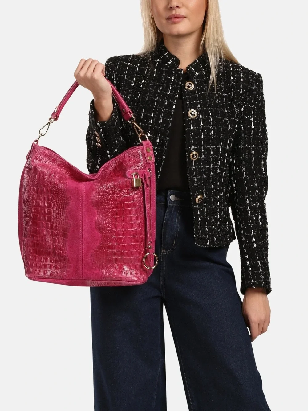 Italian Leather Fuchsia Pink Croc-Embossed Hobo Crossbody Tote Bag Purse
